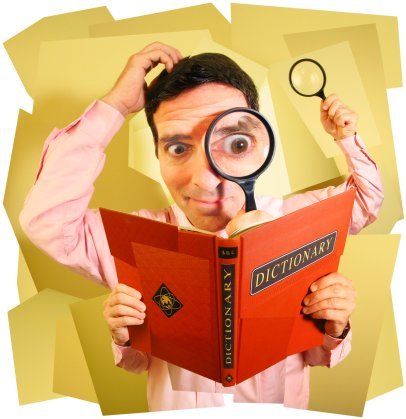 Man holding dictionary and magnifying glass (Digital Composite)