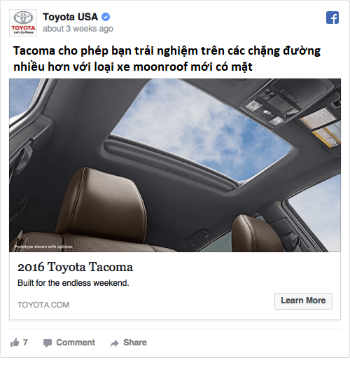 Quảng cáo trên Facebook của Toyota