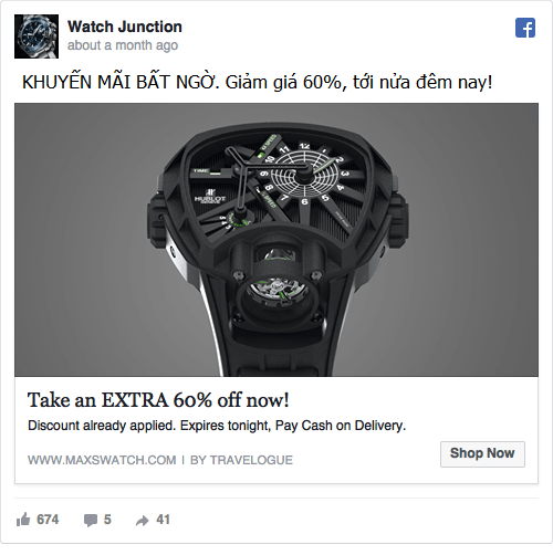 Quảng cáo của Watch Junction trên Facebook về khuyến mãi bất ngờ cho khách hàng