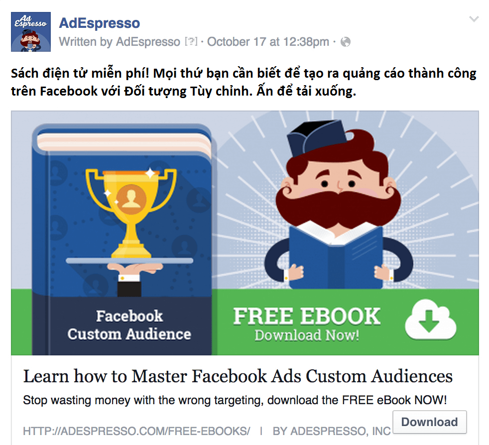 Quảng cáo sách điện tử miễn phí nhằm tạo dựng niềm tin với khách hàng trên Facebook của AdEspresso